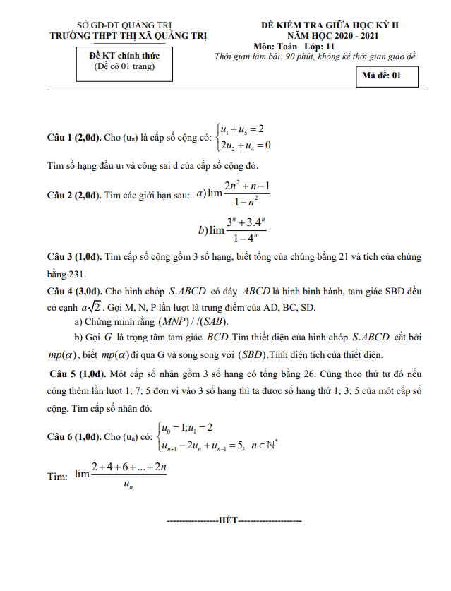Đề kiểm tra giữa HK2 Toán 11 năm 2020 – 2021 trường THPT Thị xã Quảng Trị
