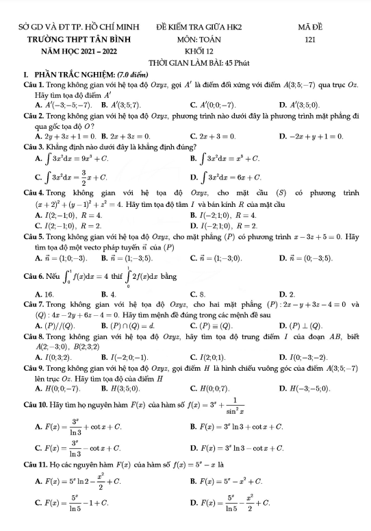 Đề kiểm tra giữa HK2 Toán 12 năm 2021 – 2022 trường THPT Tân Bình – TP HCM