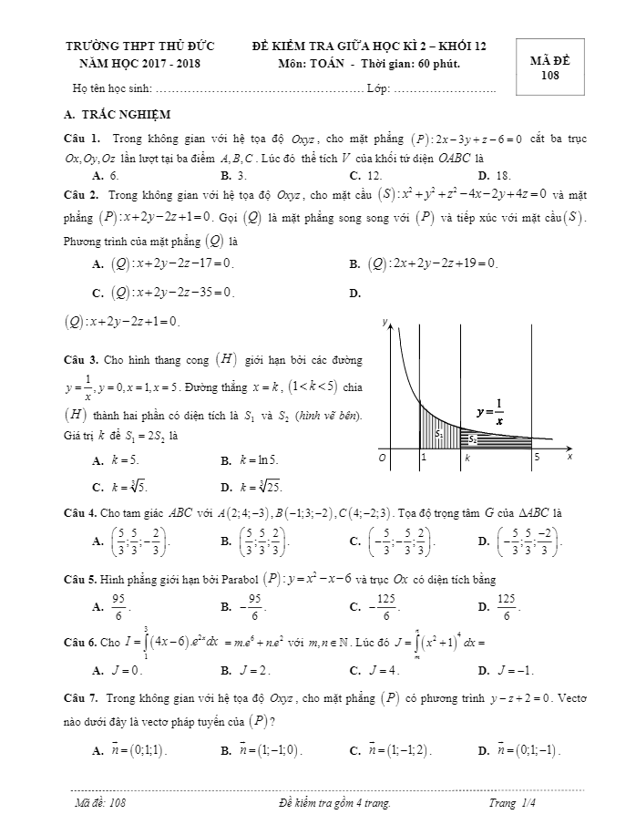 Đề kiểm tra giữa HK2 Toán 12 năm học 2017 – 2018 trường THPT Thủ Đức – TP. HCM