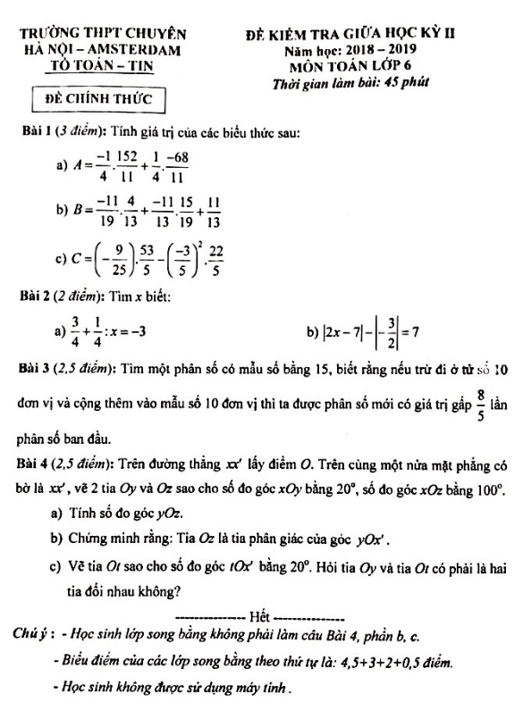 Đề kiểm tra giữa HK2 Toán 6 năm 2018 – 2019 trường chuyên Hà Nội – Amsterdam