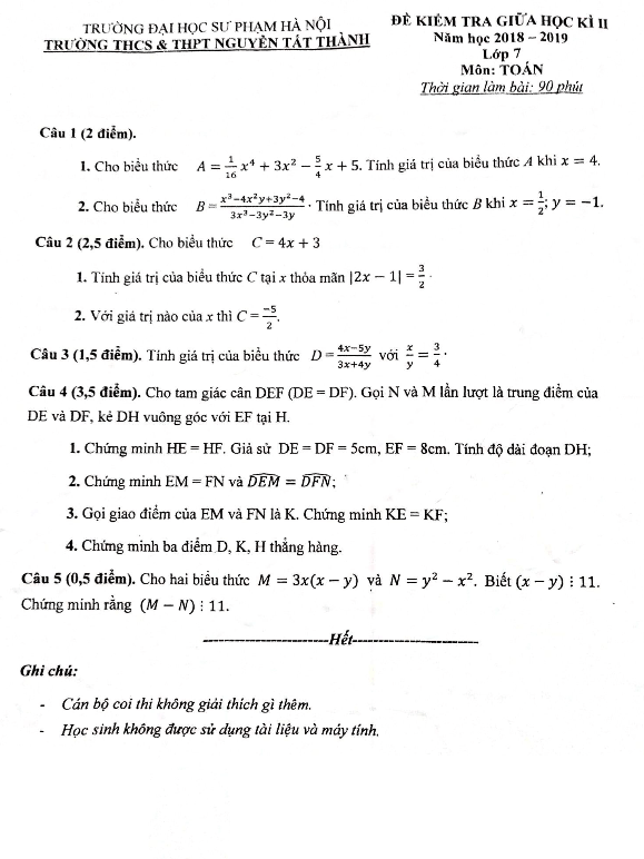 Đề kiểm tra giữa HK2 Toán 7 năm 2018 – 2019 trường Nguyễn Tất Thành – Hà Nội