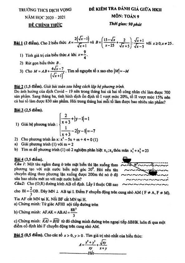 Đề kiểm tra giữa HK2 Toán 9 năm 2020 – 2021 trường THCS Dịch Vọng – Hà Nội