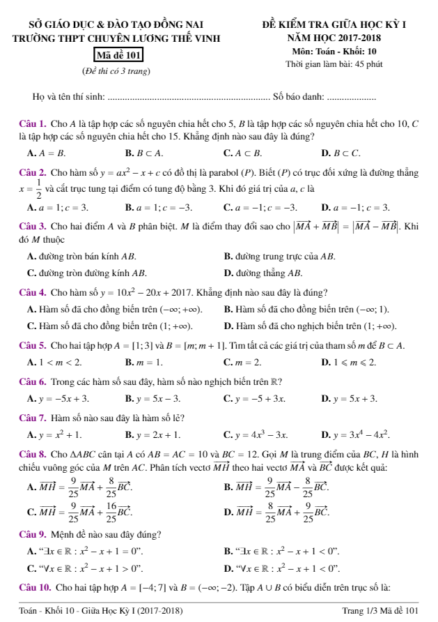 Đề kiểm tra giữa HKI năm học 2017 – 2018 môn Toán 10 trường THPT chuyên Lương Thế Vinh – Đồng Nai
