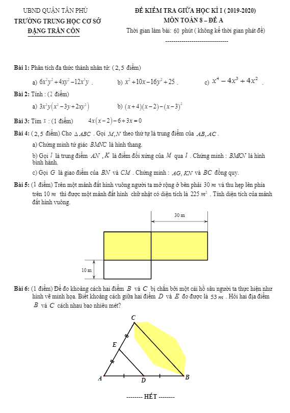 Đề kiểm tra giữa HKI Toán 8 năm 2019 – 2020 trường Đặng Trần Côn – TP HCM