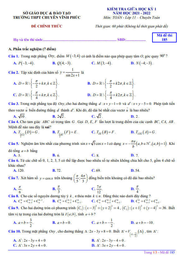 Đề kiểm tra giữa học kì 1 Toán 11 (chuyên) năm 2021 – 2022 trường THPT chuyên Vĩnh Phúc