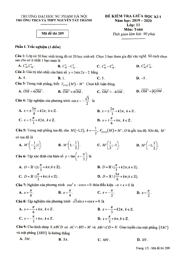 Đề kiểm tra giữa học kì 1 Toán 11 năm 2019 – 2020 trường Nguyễn Tất Thành – Hà Nội