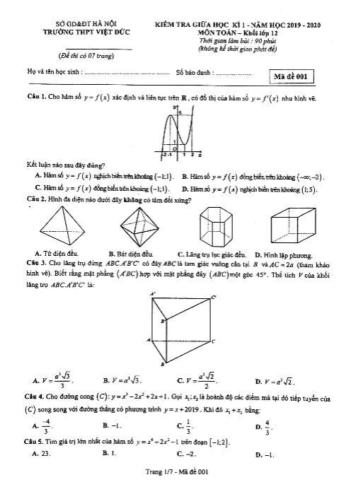 Đề kiểm tra giữa học kì 1 Toán 12 năm 2019 – 2020 trường Việt Đức – Hà Nội