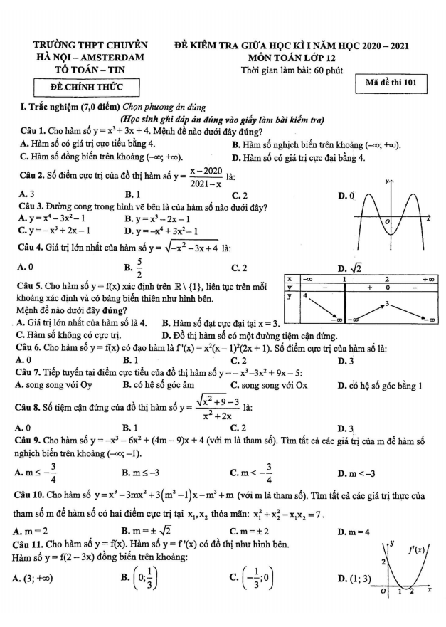 Đề kiểm tra giữa học kì 1 Toán 12 năm 2020 – 2021 trường chuyên Hà Nội – Amsterdam