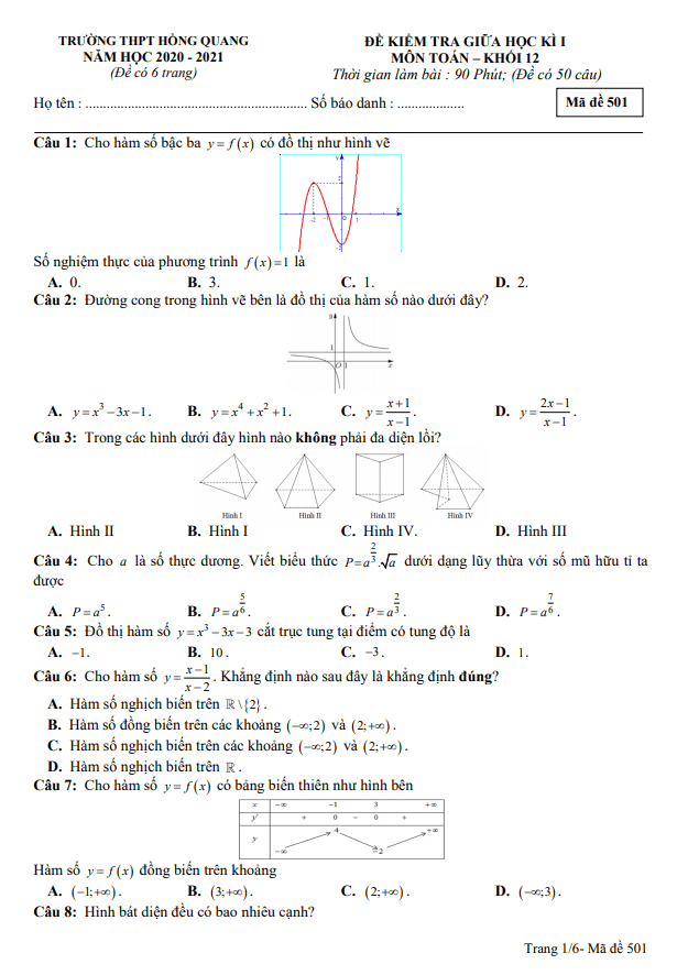 Đề kiểm tra giữa học kì 1 Toán 12 năm 2020 – 2021 trường THPT Hồng Quang – Hải Dương