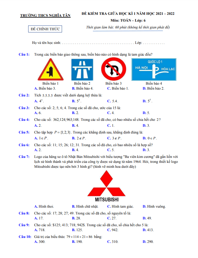 Đề kiểm tra giữa học kì 1 Toán 6 năm 2021 – 2022 trường THCS Nghĩa Tân – Hà Nội