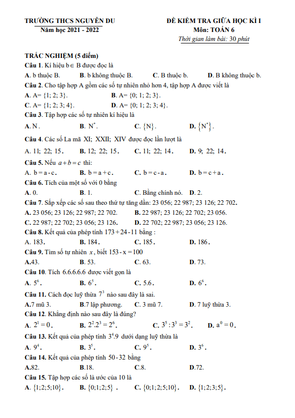 Đề kiểm tra giữa học kì 1 Toán 6 năm 2021 – 2022 trường THCS Nguyễn Du – Hà Nội