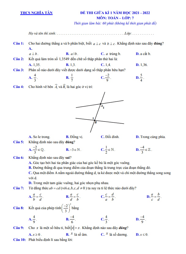 Đề kiểm tra giữa học kì 1 Toán 7 năm 2021 – 2022 trường THCS Nghĩa Tân – Hà Nội