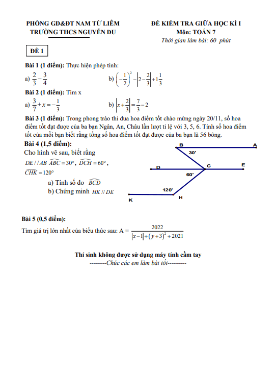 Đề kiểm tra giữa học kì 1 Toán 7 năm 2021 – 2022 trường THCS Nguyễn Du – Hà Nội