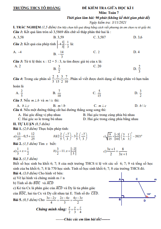 Đề kiểm tra giữa học kì 1 Toán 7 năm 2021 – 2022 trường THCS Tô Hoàng – Hà Nội