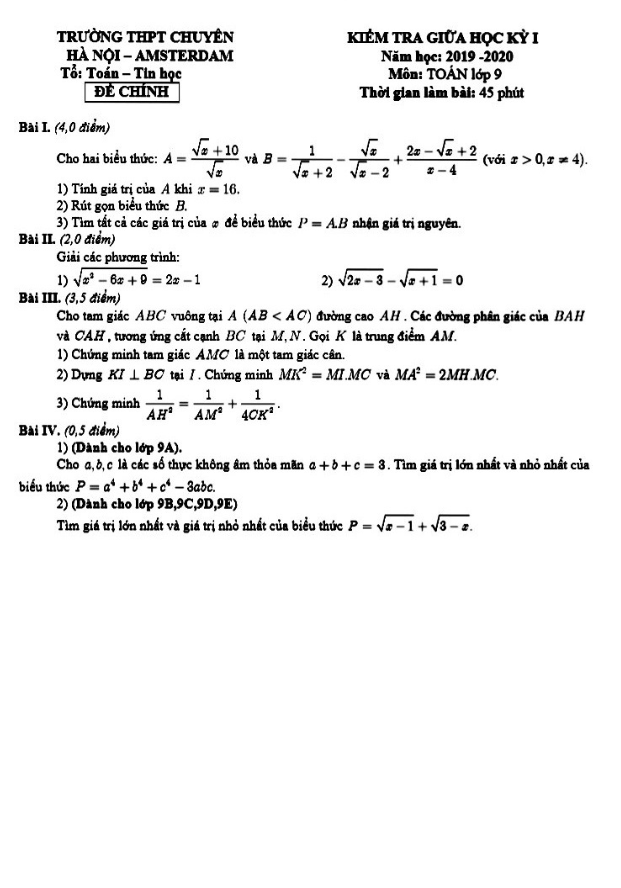 Đề kiểm tra giữa học kì 1 Toán 9 năm 2019 – 2020 trường chuyên Hà Nội – Amsterdam