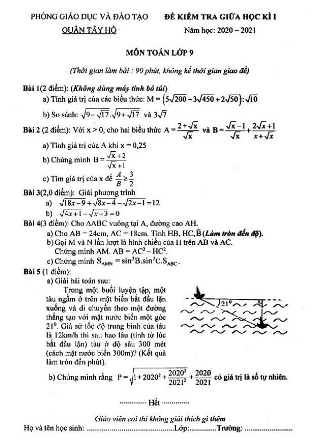 Đề kiểm tra giữa học kì 1 Toán 9 năm 2020 – 2021 phòng GD&ĐT Tây Hồ – Hà Nội