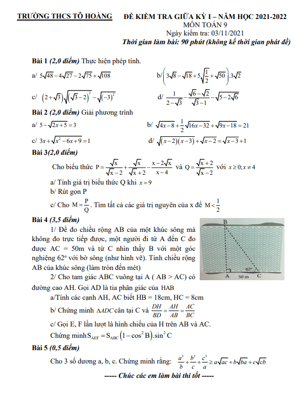 Đề kiểm tra giữa học kì 1 Toán 9 năm 2021 – 2022 trường THCS Tô Hoàng – Hà Nội