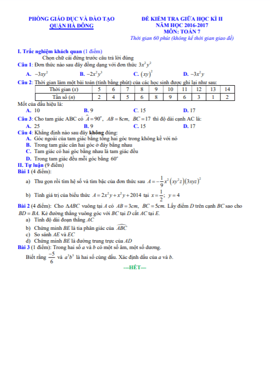 Đề kiểm tra giữa học kì 2 Toán 7 năm 2016 – 2017 phòng GD&ĐT Hà Đông – Hà Nội