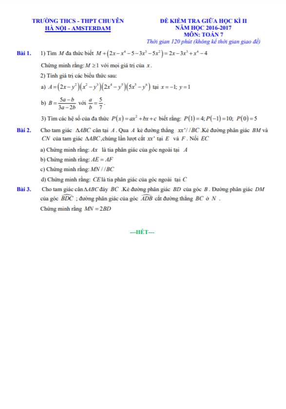 Đề kiểm tra giữa học kì 2 Toán 7 năm 2016 – 2017 trường chuyên Hà Nội – Amsterdam