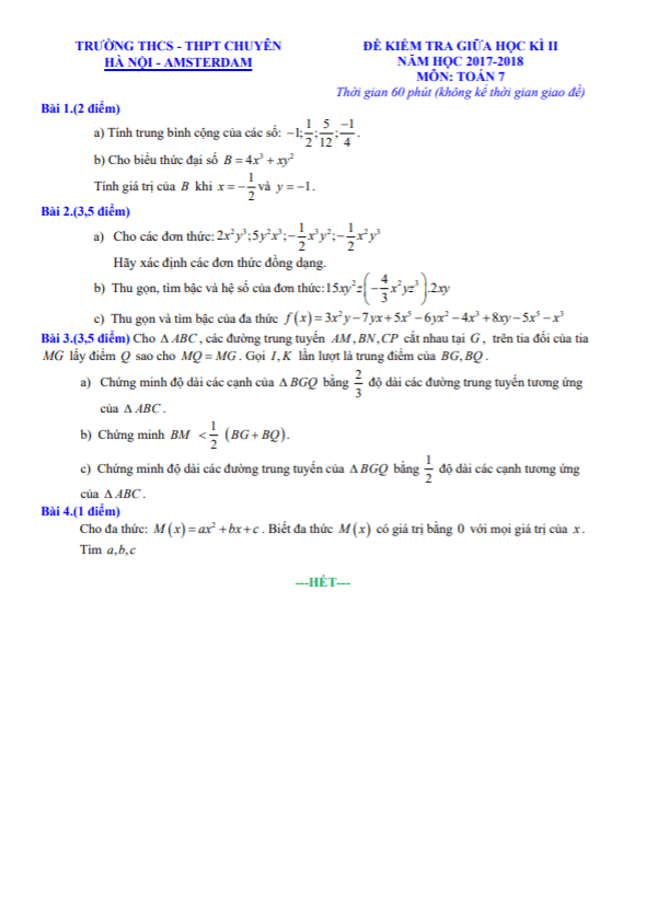 Đề kiểm tra giữa học kì 2 Toán 7 năm 2017 – 2018 trường chuyên Hà Nội – Amsterdam