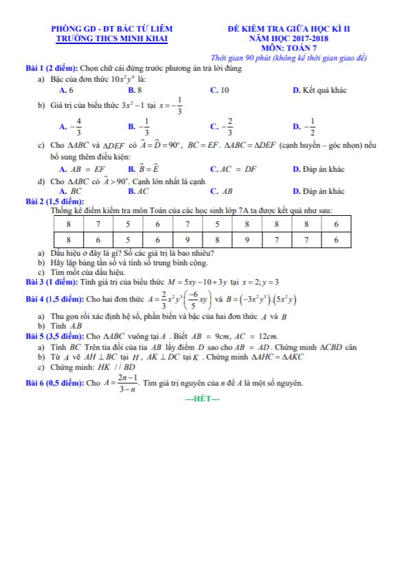 Đề kiểm tra giữa học kì 2 Toán 7 năm 2017 – 2018 trường THCS Minh Khai – Hà Nội