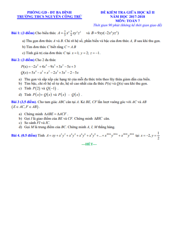 Đề kiểm tra giữa học kì 2 Toán 7 năm 2017 – 2018 trường THCS Nguyễn Công Trứ – Hà Nội