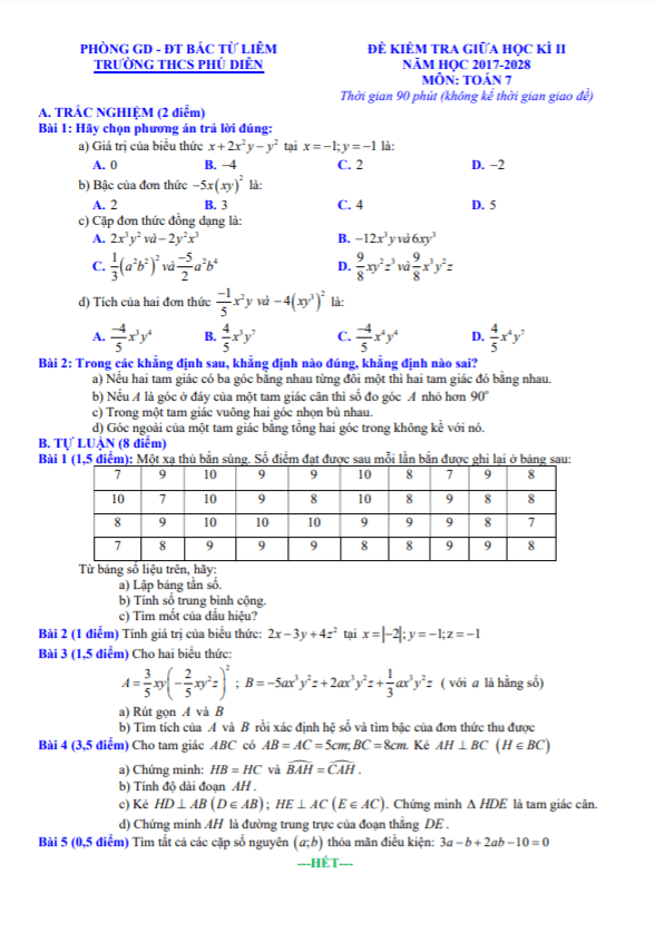 Đề kiểm tra giữa học kì 2 Toán 7 năm 2017 – 2018 trường THCS Phú Diễn – Hà Nội