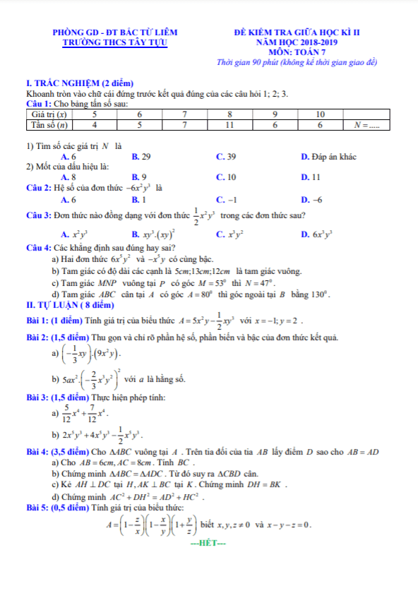 Đề kiểm tra giữa học kì 2 Toán 7 năm 2018 – 2019 trường THCS Tây Tựu – Hà Nội