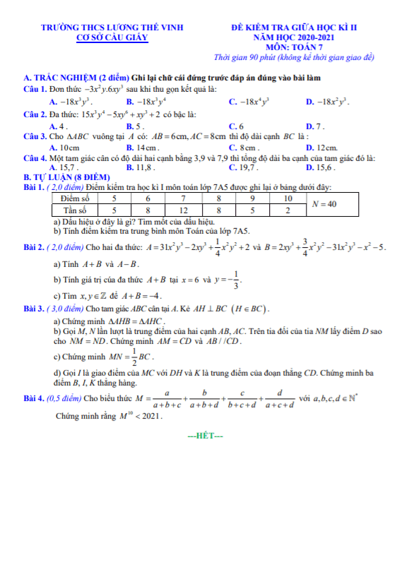 Đề kiểm tra giữa học kì 2 Toán 7 năm 2020 – 2021 trường THCS Lương Thế Vinh – Hà Nội