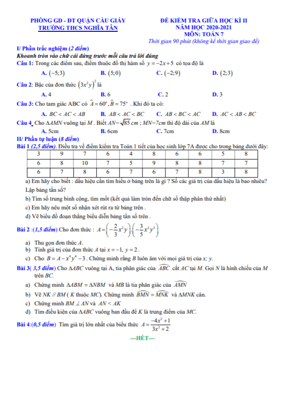 Đề kiểm tra giữa học kì 2 Toán 7 năm 2020 – 2021 trường THCS Nghĩa Tân – Hà Nội