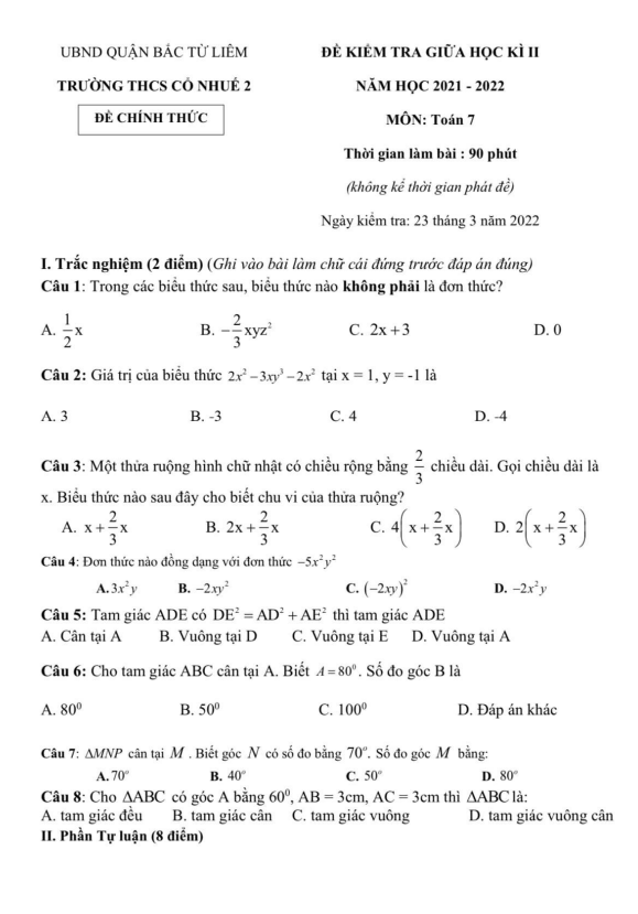 Đề kiểm tra giữa học kì 2 Toán 7 năm 2021 – 2022 trường THCS Cổ Nhuế 2 – Hà Nội