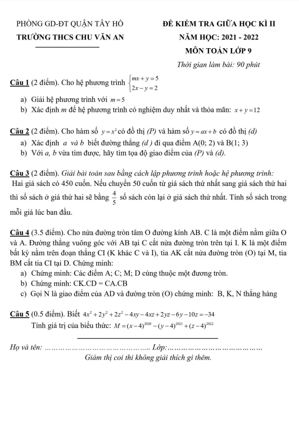 Đề kiểm tra giữa học kì 2 Toán 9 năm 2021 – 2022 trường THCS Chu Văn An – Hà Nội