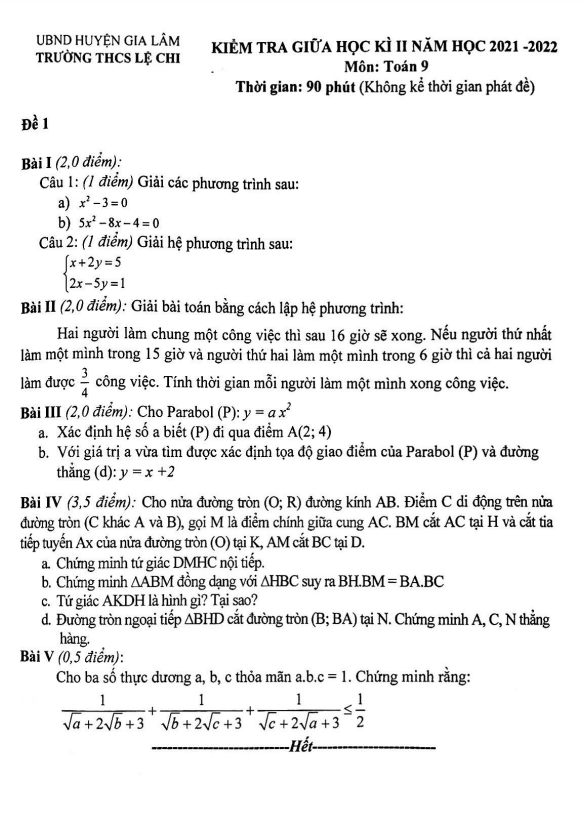 Đề kiểm tra giữa học kì 2 Toán 9 năm 2021 – 2022 trường THCS Lệ Chi – Hà Nội