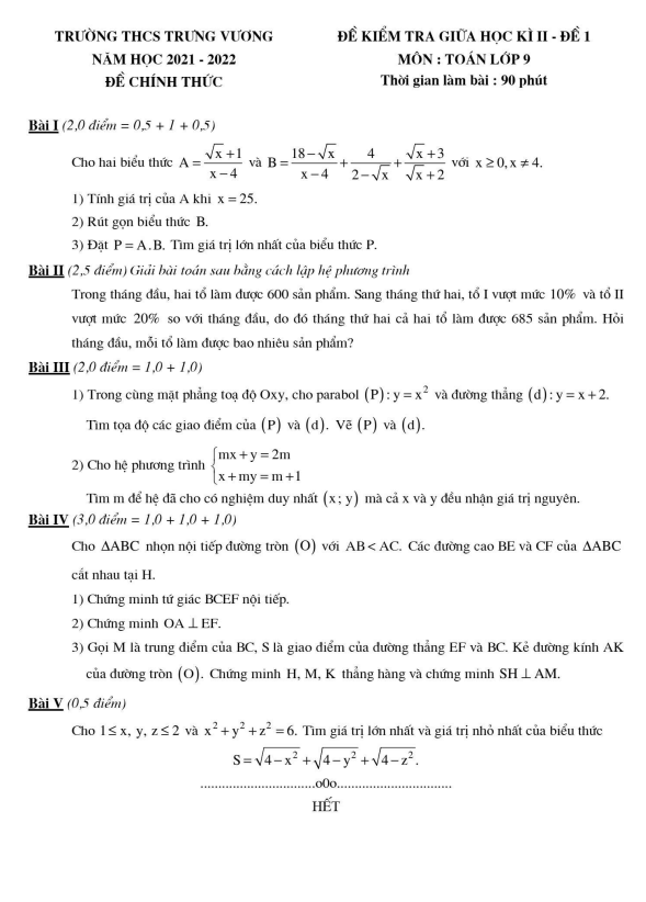 Đề kiểm tra giữa học kì 2 Toán 9 năm 2021 – 2022 trường THCS Trưng Vương – Hà Nội
