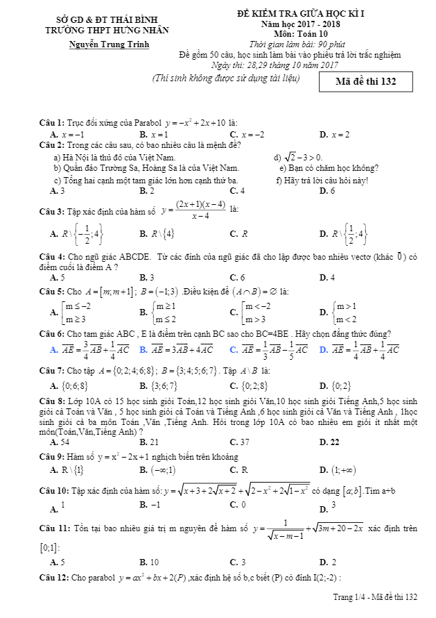 Đề kiểm tra giữa học kỳ 1 năm học 2017 – 2018 môn Toán 10 trường THPT Hưng Nhân – Thái Bình