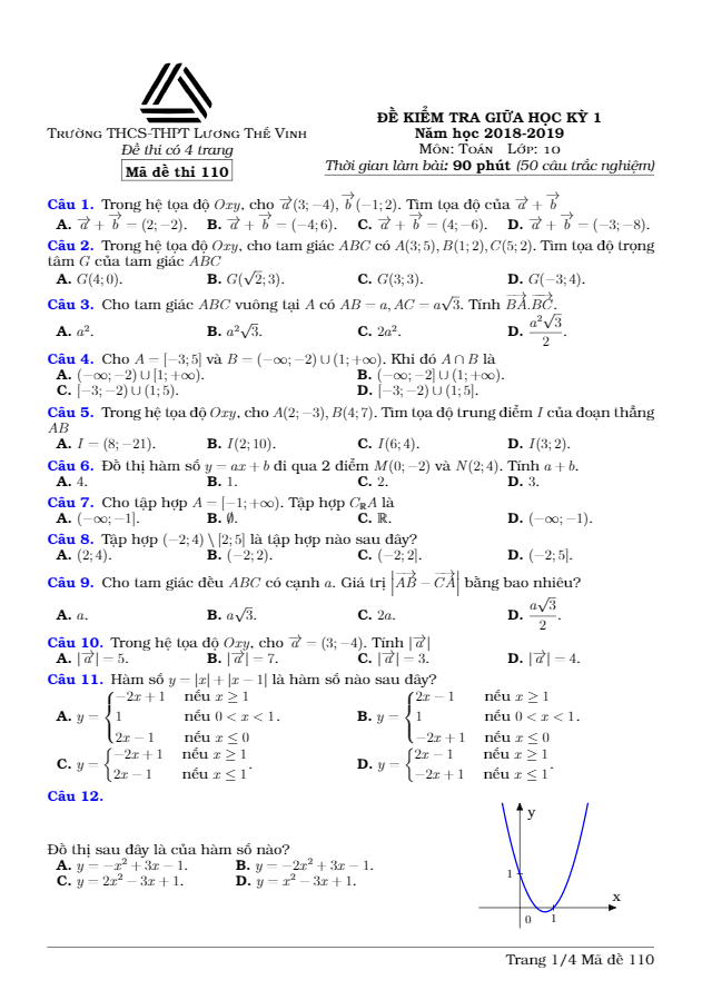 Đề kiểm tra giữa học kỳ 1 Toán 10 năm 2018 – 2019 trường Lương Thế Vinh – Hà Nội