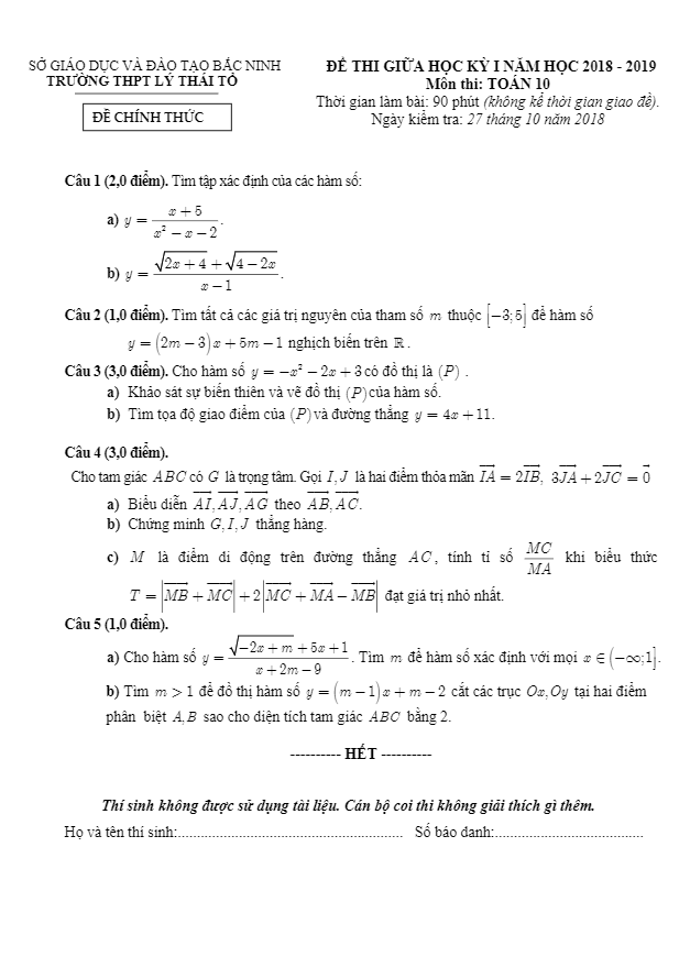 Đề kiểm tra giữa học kỳ 1 Toán 10 năm 2018 – 2019 trường Lý Thái Tổ – Bắc Ninh