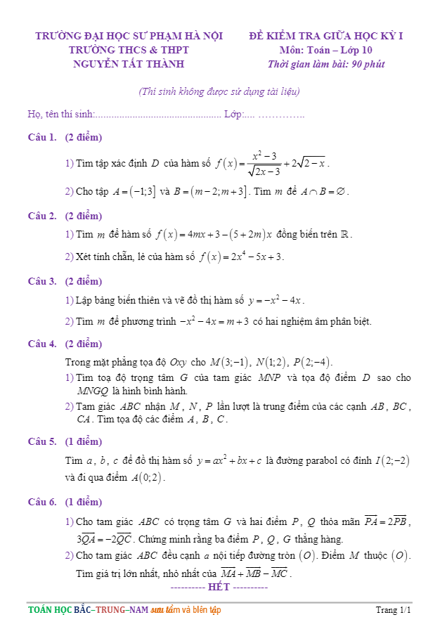 Đề kiểm tra giữa học kỳ 1 Toán 10 năm 2018 – 2019 trường Nguyễn Tất Thành – ĐHSP Hà Nội