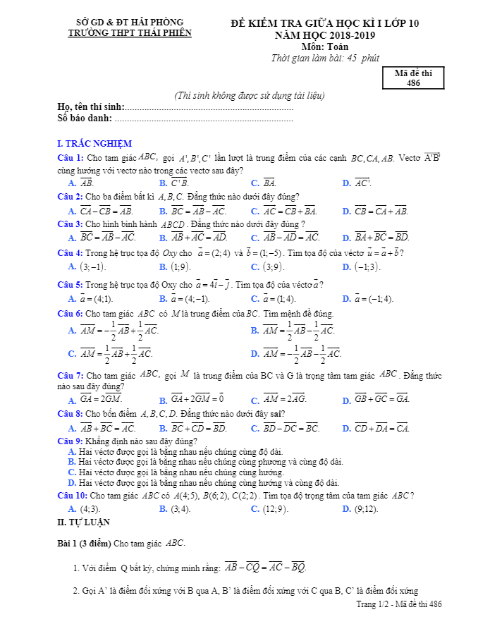 Đề kiểm tra giữa học kỳ 1 Toán 10 năm 2018 – 2019 trường THPT Thái Phiên – Hải Phòng