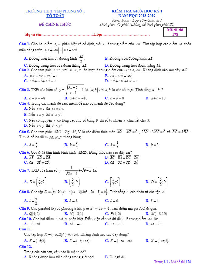 Đề kiểm tra giữa học kỳ 1 Toán 10 năm 2018 – 2019 trường Yên Phong 1 – Bắc Ninh
