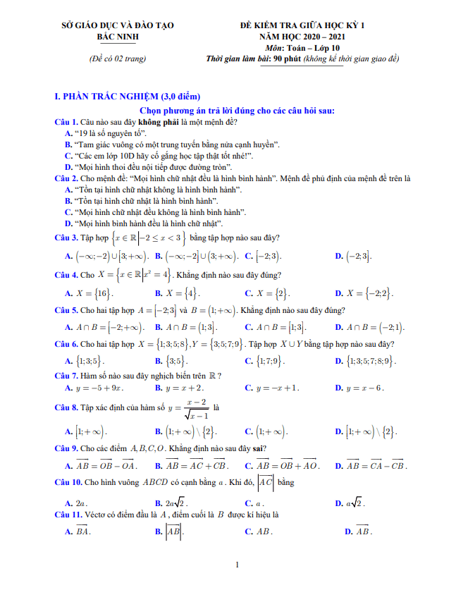 Đề kiểm tra giữa học kỳ 1 Toán 10 năm 2020 – 2021 sở GD&ĐT Bắc Ninh