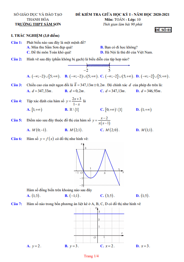 Đề kiểm tra giữa học kỳ 1 Toán 10 năm 2020 – 2021 trường THPT Sầm Sơn – Thanh Hóa