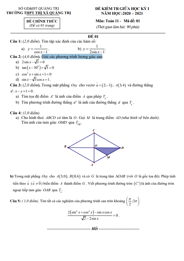 Đề kiểm tra giữa học kỳ 1 Toán 11 năm 2020 – 2021 trường THPT thị xã Quảng Trị
