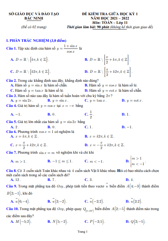 Đề kiểm tra giữa học kỳ 1 Toán 11 năm 2021 – 2022 sở GD&ĐT Bắc Ninh