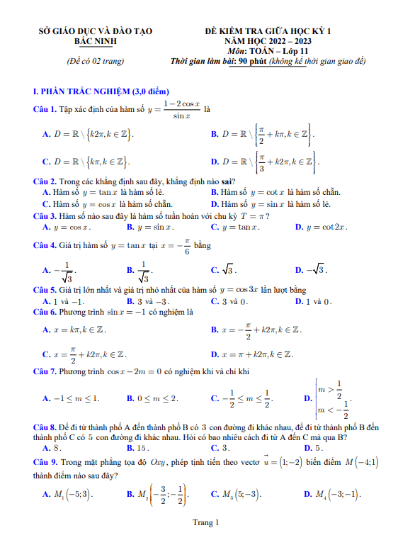Đề kiểm tra giữa học kỳ 1 Toán 11 năm 2022 – 2023 sở GD&ĐT Bắc Ninh
