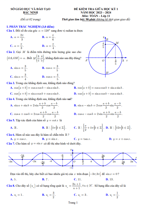 Đề kiểm tra giữa học kỳ 1 Toán 11 năm 2023 – 2024 sở GD&ĐT Bắc Ninh