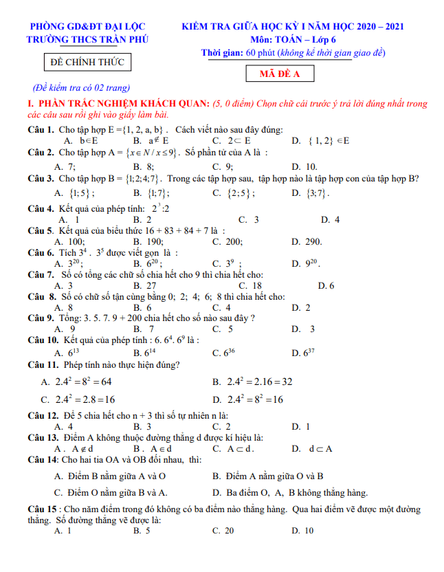 Đề kiểm tra giữa học kỳ 1 Toán 6 năm 2020 – 2021 trường THCS Trần Phú – Quảng Nam