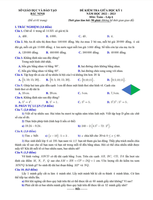 Đề kiểm tra giữa học kỳ 1 Toán 6 năm 2022 – 2023 sở GD&ĐT Bắc Ninh