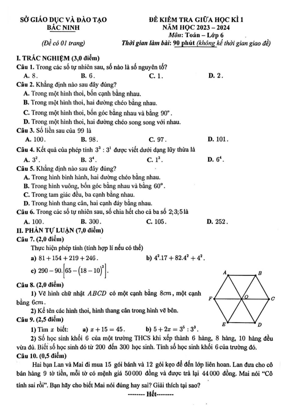 Đề kiểm tra giữa học kỳ 1 Toán 6 năm 2023 – 2024 sở GD&ĐT Bắc Ninh
