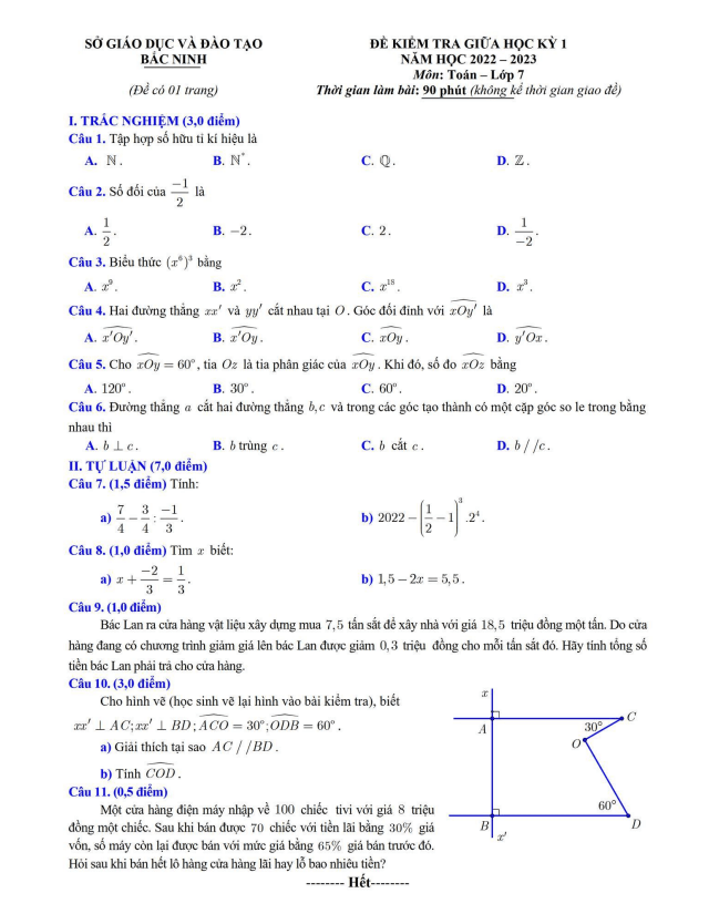 Đề kiểm tra giữa học kỳ 1 Toán 7 năm 2022 – 2023 sở GD&ĐT Bắc Ninh
